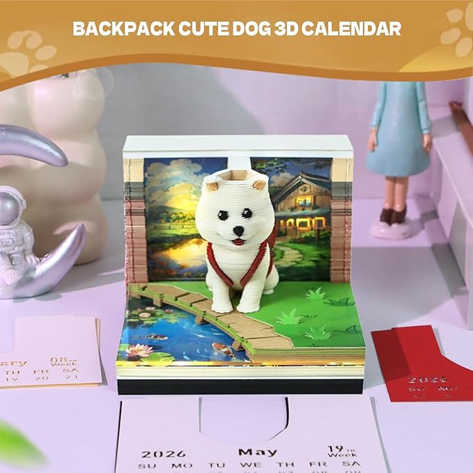 3d Calendar 2026,The Combination Of Paper Carved Lights And Artistic Creativity,Backpack Dog 3d Calendar,Suitable For Note Taking,Decorative Ornaments,Holiday Gifts (white)