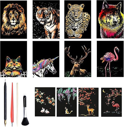 Georgie Porgy Scratch Paper Art A4 Set for Kids Adults Magic Rainbow Scratch Postcards Boards for DIY Arts and Crafts Kits Christmas Birthday Gift with Scratching Tools Kit (Magical Animals)
