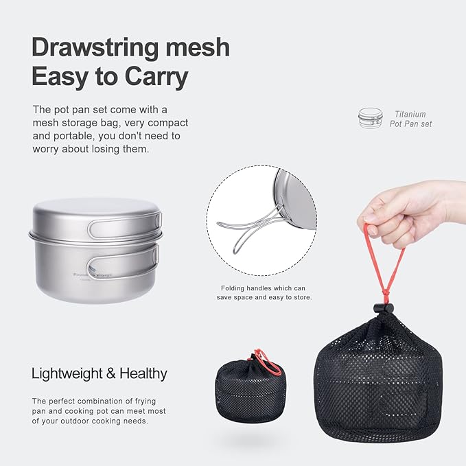 Boundless Voyage Outdoor Titanium Pot with Pan Set with Collapsible Folding Handle for Outdoor Camping Cooking Hiking Backpacking Portable Cookware