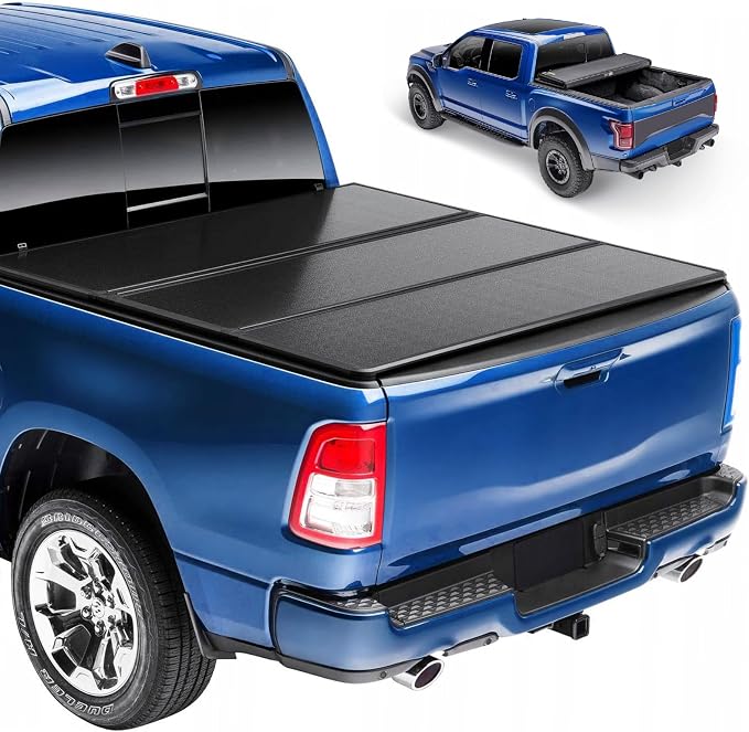 Hard Tri-Fold Truck Bed Tonneau Cover for Dodge Ram 1500 2009-2018, Ram 1500 Classic 2019-2021, Ram 2500 3500 2011-2022, 6.4 ft 76.3 in Bed, Without Bed Rail Storage or RamBox