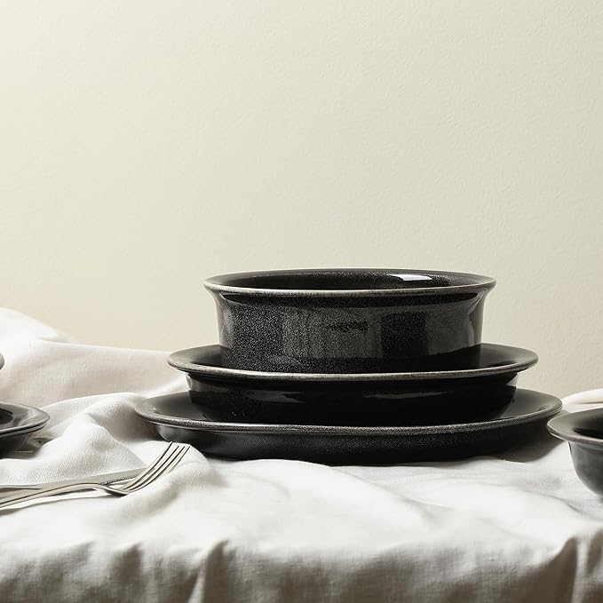 Stone Lain Slate 24-Piece Dinnerware Set Stoneware, Plates and Bowls Set, Dishwasher and Microwave Safe, Dish Set for 8, Black