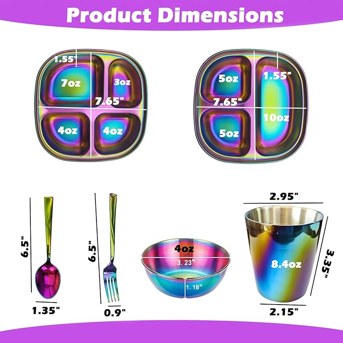 6pc Stainless Steel Kids Plates Set with Fork & Spoon, 2 Piece Divided Non-Toxic Stainless Steel baby Plates & Bowls, Pediatrician Designed, Dishwasher Safe Kids Utensils and Glass (Rainbow)