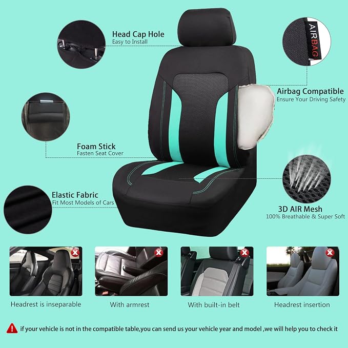 CAR PASS 3D Air Mesh Car Seat Covers Full Set, Breathable Sporty Rear Bench with Zipper for Armrest Box Universal Fit 95% Automotive SUV,Truck,Sedan Interior Cute Women Airbag Compatible, Black Mint