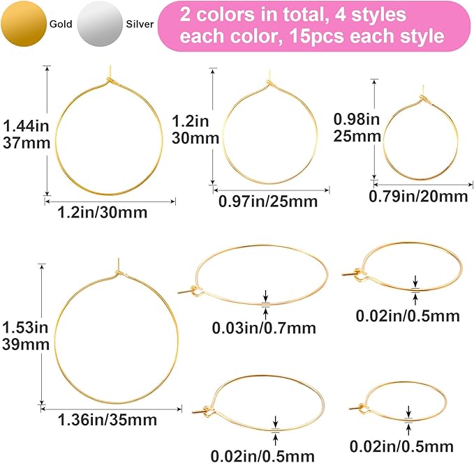 Pndeyo 120pcs Hypoallergenic Earring Beading Hoops, Mix Sizes Round Hoop Earrings Findings, Open Earring Wire Ring Accessories for Jewelry Making- Gold & Silver