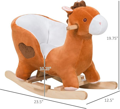 Qaba Kids Ride On Rocking Horse, Plush Animal Toy Sturdy Wooden Rocker with Songs for Boys or Girls