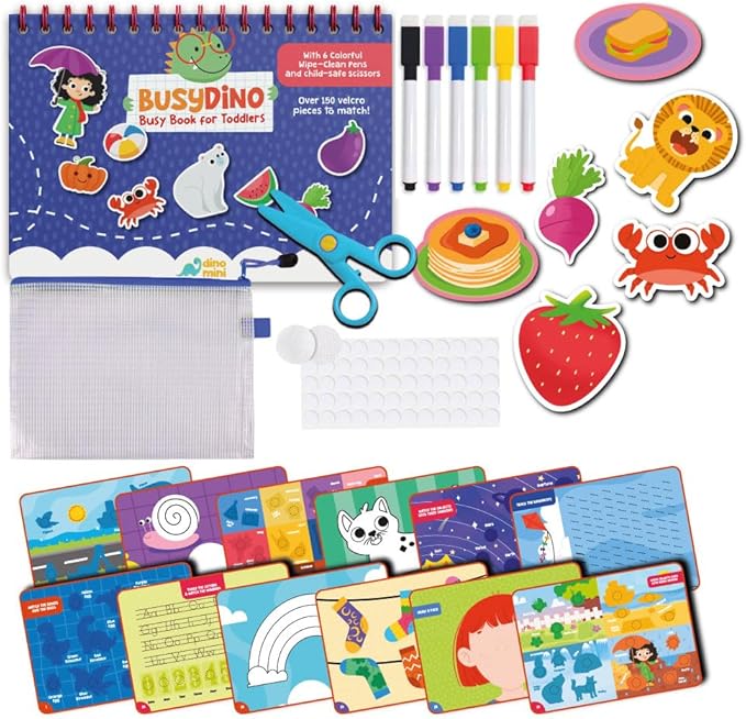 BusyDino - Busy Book for Toddlers 3-5 - Toddler Activity Book with Cutting Activities - Montessori Toys for 3 Year Old - Includes Child-Safe Scissors and Wipe-Clean Markers