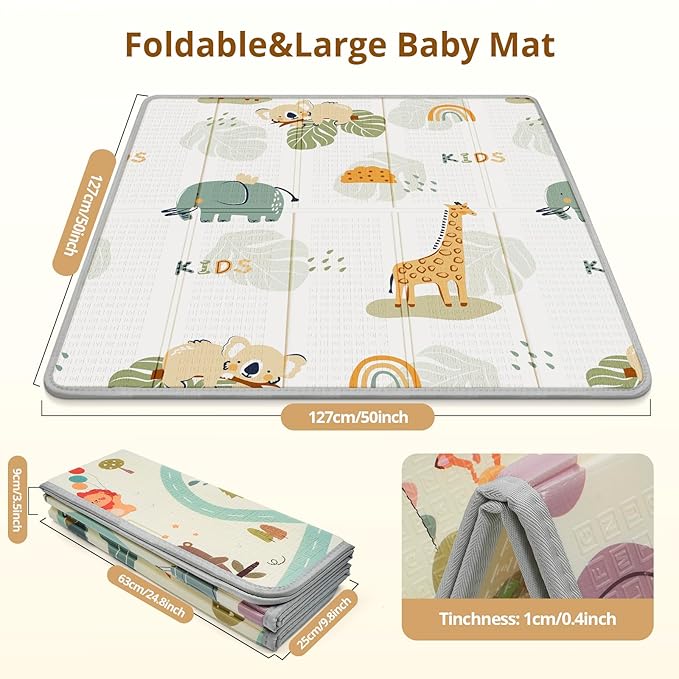 Foldable Baby Play Mat, PIGLOG 50x50 Playpen Mat, Waterproof Playmats for Babies and Toddlers Kids, Safe Foam Playmat for Tummy Time, Reversible Portable Baby Floor Mat for Infant, Giraffe + Elephant