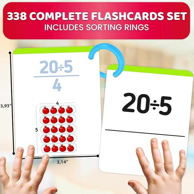 QUOKKA Multiplication and Division Flash Cards for Kids Ages 4-8 – 338 Math Flashcards for Kids 5-7 - Visual Aids | Sorting Rings | Reference Cards – Math Games 1st to 3rd Grade for Classroom & Home