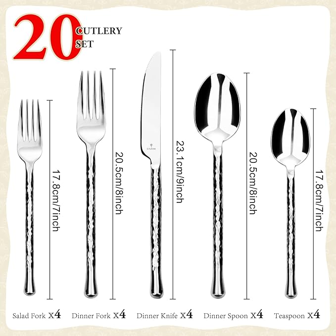 Glam Forged 20-Piece Silverware Set, 18/10 Stainless Steel Flatware, Unique Hammered Flatware Service for 4, Cutlery Set for Home Kitchen Hotel Restaurant Wedding Housewarming