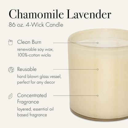 LAFCO New York Luxe 4-Wick Candle, Chamomile Lavender - 86 oz - 200-Hour Burn Time - Reusable, Hand Blown Glass Vessel - Made in The USA