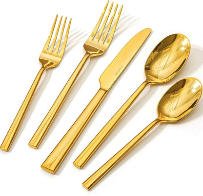 KINGSTONE Gold Silverware Set, 60-Piece Forged Flatware Set Cutlery Set Premium Stainless Steel, Service for 12, for Kitchen, Home, Wedding, Party, Mirror Polished and Dishwasher Safe