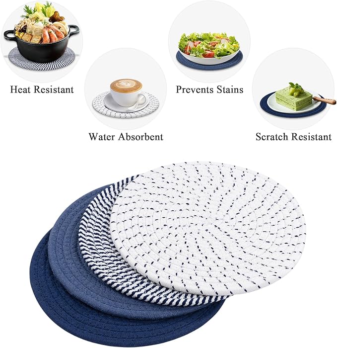 SHACOS 10 Inches Trivets for Hot Dishes, 4 Pieces Cotton Trivets Mats for Kitchen, Hot Pads for Countertops and Table, Heat-Resistant Pot Holders for Hot Pots and Pans(Blue, 4pcs)