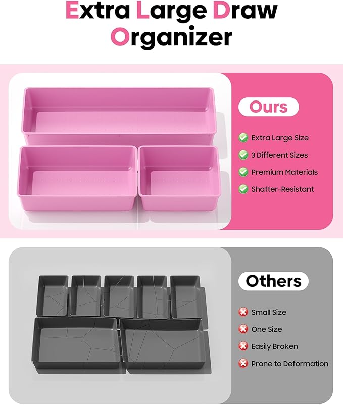 10 Pack Large Size Plastic Drawer Organizers Set, 3 Sizes Desk Drawer Organizer