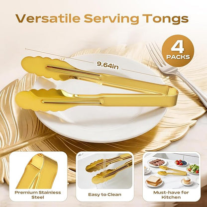 4 Pack Stainless Steel Serving Tongs, 9 Inch Gold Salad Tongs Serving Utensils