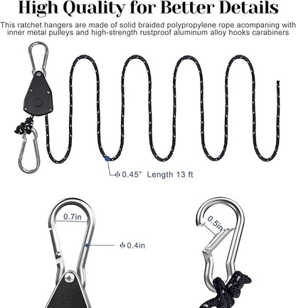 CONBOLA Suction Cups Hooks with 1/8" Adjustable Grow Light Hangers 13 ft with Reinforced Metal,Heavy Duty Ratcheting Pulley System for Camping Gardening and Various Tie-Down Uses.(4-Pack Set)