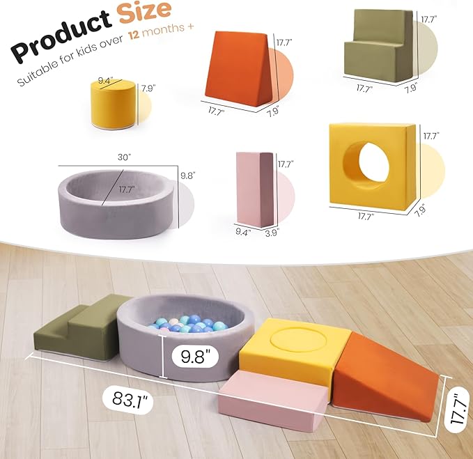 6-Piece Foam Climbing Blocks for Toddlers, Climb and Crawl Soft Play Set, Machine Washable Cover, Indoor Activity Play Structure, Climbing Toys for Toddlers 1-3 (Multi-Color, w/Ball Pit)
