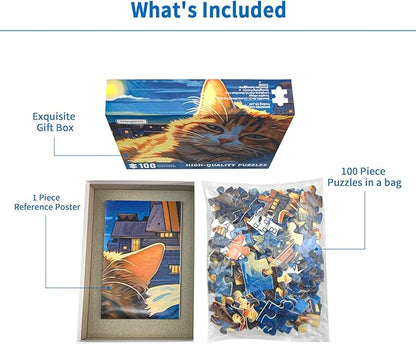 100 Piece Puzzles for Kids, Sleepy Cat 100 Piece Puzzles for Adults, Side Lying Cat Puzzle Cozy Scene Puzzle, Cute Kitten Jigsaw Puzzles 100 Pieces for Seniors Teens Kids Ages 6-10
