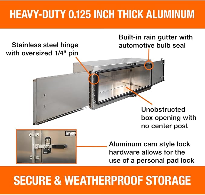 Buyers Products 1763103, 18x18x48 Smooth Aluminum Underbody Truck Tool Box with Polished Stainless Steel Double Barn Doors, 0.125inch Thick, Lock Hardware, Rain Gutter Seal, Made in the USA