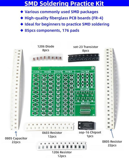 Surface-Mount Device(SMD) Soldering Practice Kit, Soldering Project Kit with 0603,0805,1206 Resistors, SOT-23 Transistors, SOP-16 IC and PCB, Perfect for Electronics Enthusiasts & Beginners
