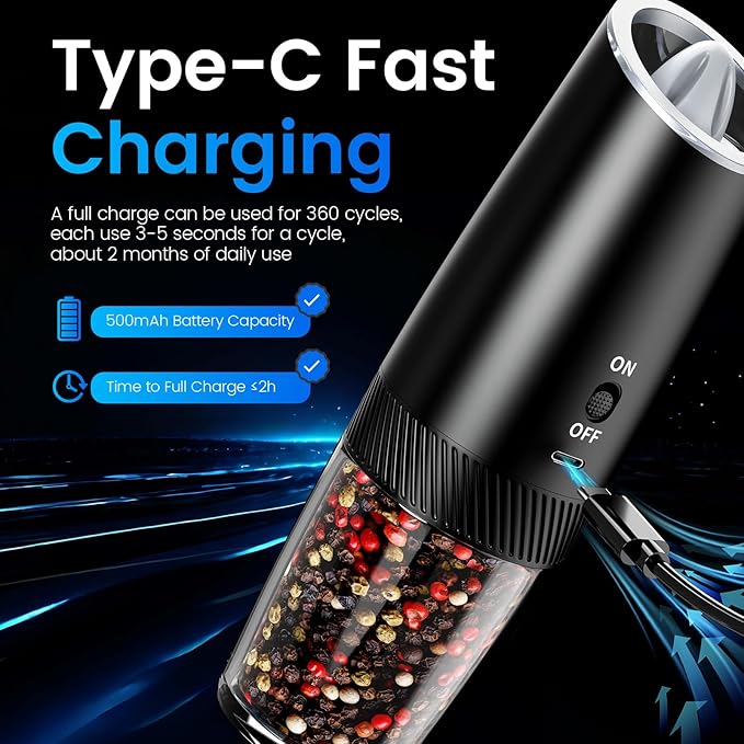 MealHelper Rechargeable Gravity Electric Salt and Pepper Grinder Set