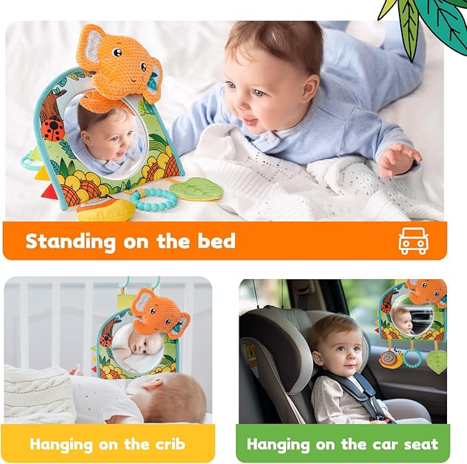 Baby Car Seat Toys - Mirror, Teether & Crinkle Paper - Rear Facing & Tummy Time - Fun Travel Toy
