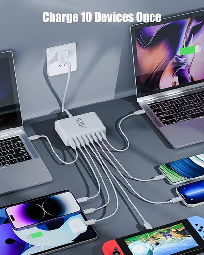 530W USB C Charger Block, 8-Port USB C Charging Station GaN IV Travel