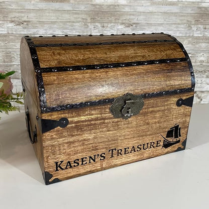 Nautical Cove Personalized Wood Treasure Chest - Pirate Chest with Custom Engraving (Large 13x10x10) – Decorative Storage, Treasure Box, Wooden Keepsake Box