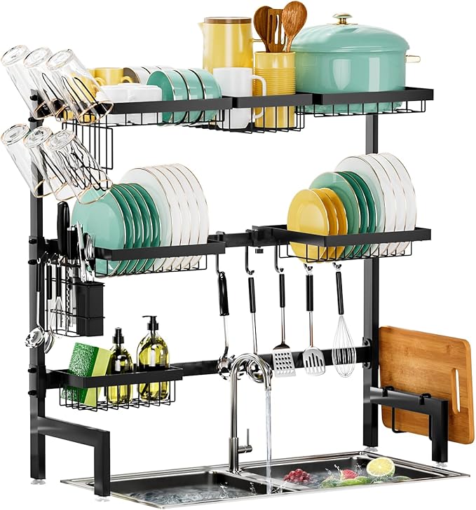 Over The Sink Dish Drying Rack, Expandable Length 3-Tier Large Stainless Steel