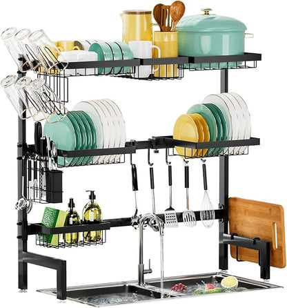 Over The Sink Dish Drying Rack, Expandable Length 3-Tier Large Stainless Steel
