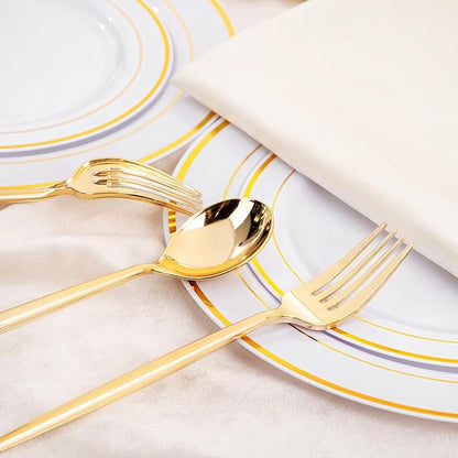 SUT 100PCS Gold Plastic Forks and Spoons Heavy Duty Set, Gold Disposable Silverware, Gold Cutlery, Gold Disposable Utensils, Plastic Flatware Includes 50 Forks, 50 Spoons for Party