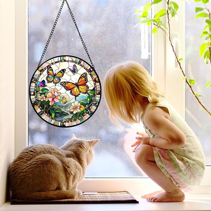 DASTOLL Stained Glass Window Hanging, Butterflies Flying in The Sky Suncatcher