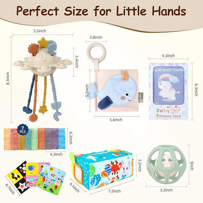 TYRY.HU Baby Gift Set,Montessori Learning Toys Set- Silicone Sensory Toys,Baby Teether Ball with Rattle,Soft Baby Book with Teether Ring & Crinkle Paper,Baby Tissue Box Toy,Milestone Cards,5 PCS