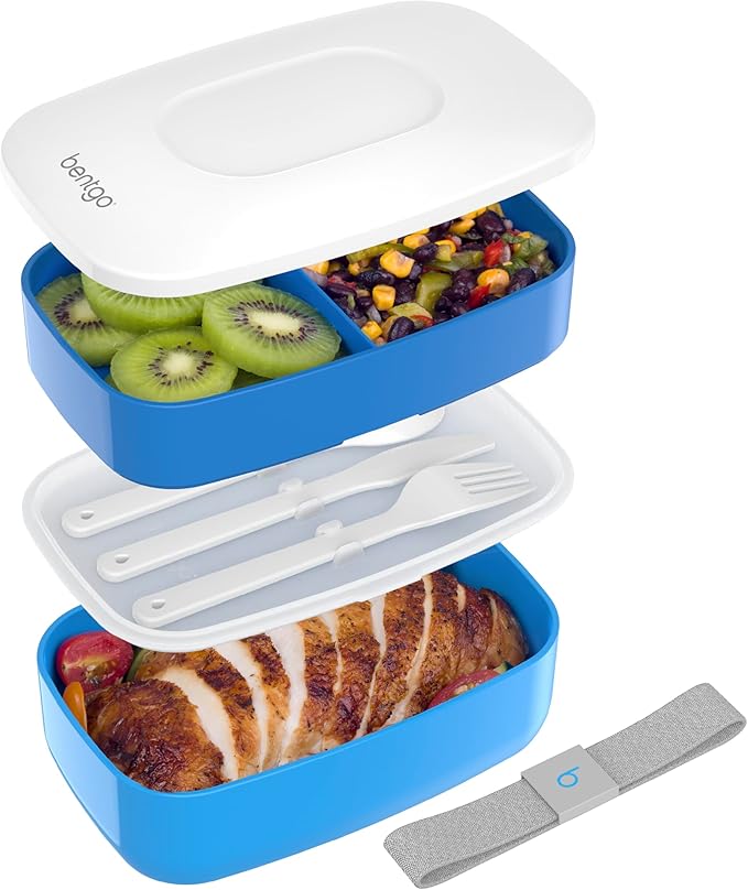 Bentgo Classic - Adult Bento Box, Stackable 3-Compartment Lunch Box with Removable Utensil Set and Sealing Strap, BPA-Free, Food Container Ideal for Meal Prep, Work, and On the Go (Blue)