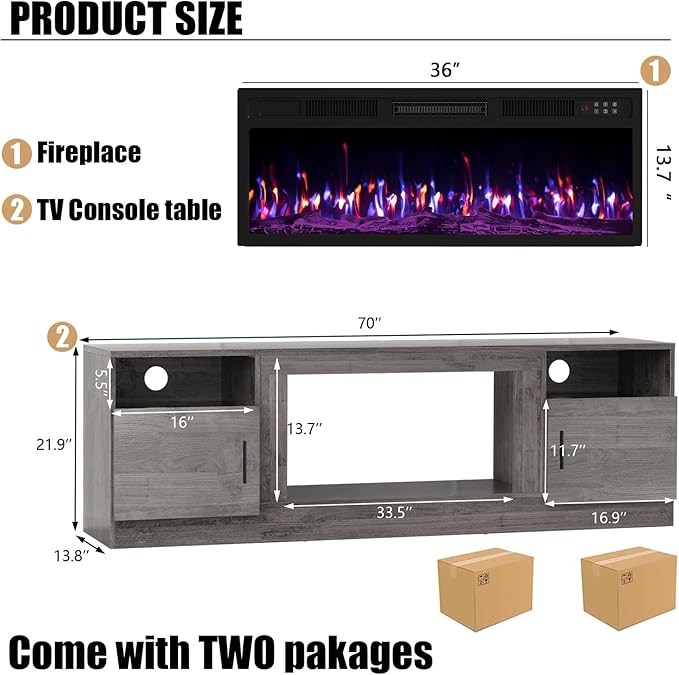 VITESSE TV Stand with 36" inch Electric Fireplace Up to 80" TVs, LED Light