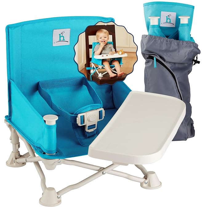 Hiccapop OmniBoost Travel Booster Seat with Tray for Baby | Folding Portable Seat for Dining Table, Camping, Beach, Grandma’s | Tip-Free Design Straps to Kitchen Chairs