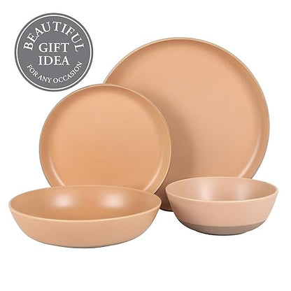 Gibson Elite Laguna Bliss 16 Piece Stoneware Reactive Glaze (Service for 4) Ceramic Plates and Bowls Dinnerware Set - Matte Clay W/Terracotta Bottom