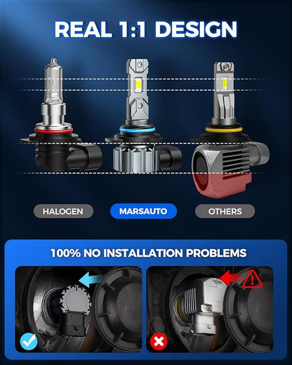 Marsauto M1S 9012 Bulbs, 40000LM Super Bright HIR2 9012 Fog Bulbs with 1:1 Mini Design, 6000K White Wireless Direct Insertion, 3 Min Plug and Play, IP68, Pack of 2