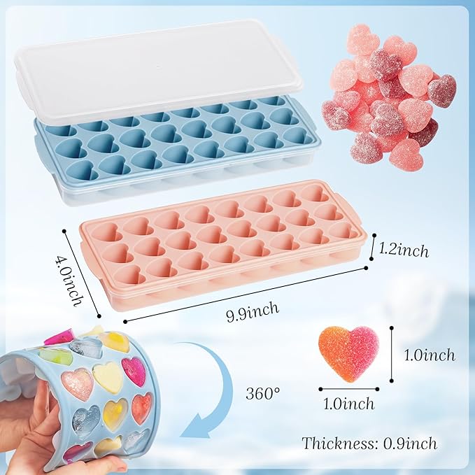 Heart Shape Ice Cube Tray 2PCS Mini Heart Ice Mold Silicone Heart Ice Cube Molds