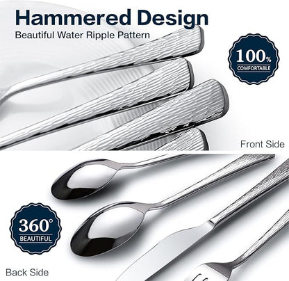 KINGSTONE Hammered Silverware Set, Flatware Set with Serving Utensils, 18/10 Stainless Steel Premium Cutlery with Unique Ripple Handles Design Mirror Polished - Dishwasher Safe (45-Piece)