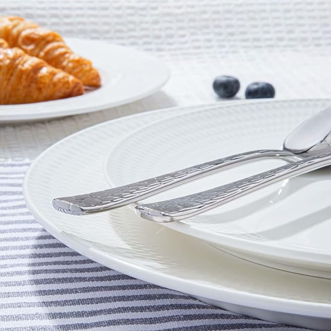 KINGSTONE Hammered Silverware Set, Flatware Set with Serving Utensils, 18/10 Stainless Steel Premium Cutlery with Unique Ripple Handles Design Mirror Polished - Dishwasher Safe (65-Piece)