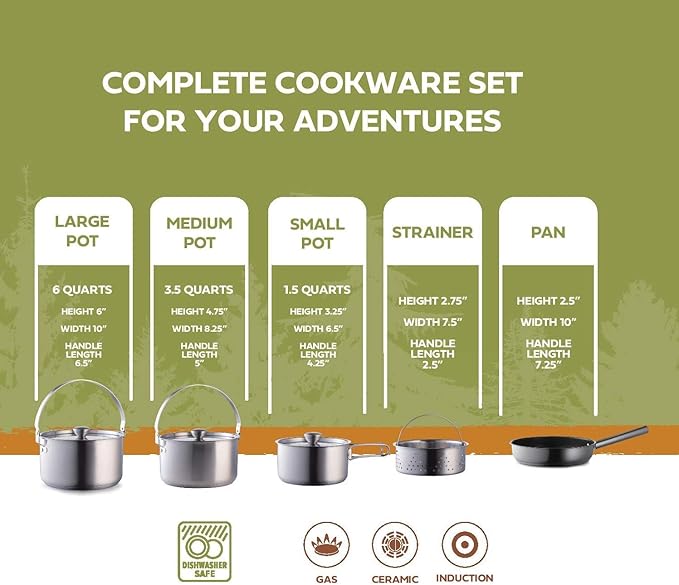 Camping Cookware Set 304 Stainless Steel 8-Piece Pots & Pans Open Fire Cooking Kit | Frying Pan Steamer with Travel Tote Bag | Compact For Outdoors & Indoors Kitchen Family Campfire Hiking RV