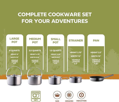 Camping Cookware Set 304 Stainless Steel 8-Piece Pots & Pans Open Fire Cooking Kit | Frying Pan Steamer with Travel Tote Bag | Compact For Outdoors & Indoors Kitchen Family Campfire Hiking RV