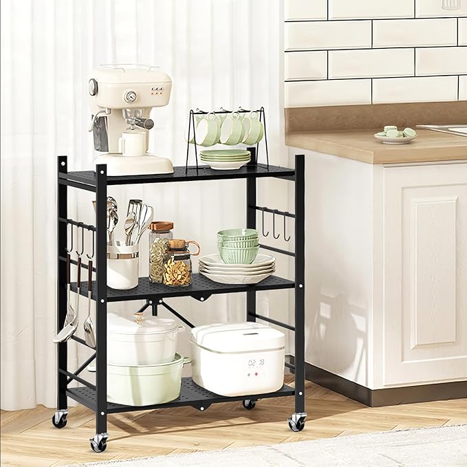 Himix Storage Shelves with 6 Hooks, 3 Tier Foldable Shelf with Wheels, Metal