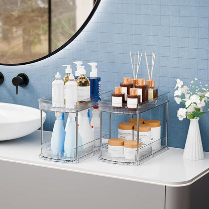 4 Pack Large Pull Out Bathroom Organizers and Storage, 2 Tier 12.8″ Tall