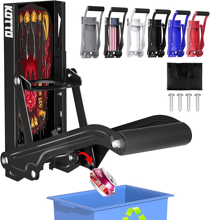 Can Crusher with Auto Drop Recycling | Built-in Bottle Opener | Crushes 12-16oz Cans | Includes Kitchen Storage Bag | Heavy Duty Metal Design, Space Saving & Hands-Free Operation- Halloween gifts