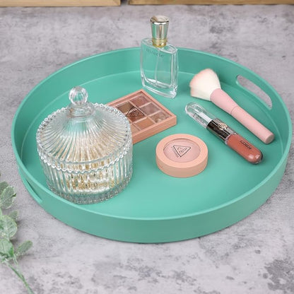 Round Green Decorative Serving Tray with Handles, 13” Versatile Ottoman Tray for Coffee Table, Entertaining, Outdoor Patio, Living Room