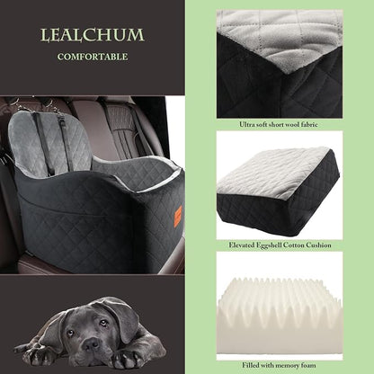 Lealchum Dog Booster Car Seat for S/M Dogs Up to 35lbs,Soft 6in Elevated Cushion,Fits in Front/Back Seat,Fully Detachable and Washable,2 Storage Pockets & 3 Straps,Easy to Install (Black/Brown,Medium)