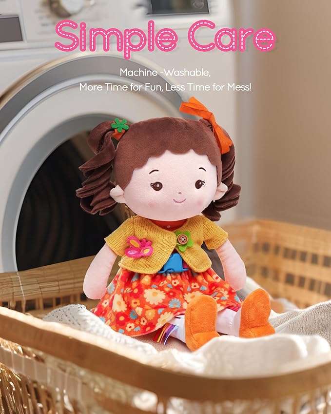 LeyaDoll Learning Sensory Doll for Toddlers, Montessori Toys for 2-Year-Old Girls Christmas, Birthday Gifts, Plush Doll with Zipper, Shoelace, Button-Busy Flora Girl