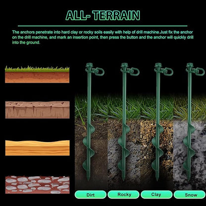 Zhengmy 4 Pcs Ground Anchors Screw in, 12 Inch Heavy Duty Tent Stakes with Trampoline Anchor Hook Ground Stakes for Camping Tent Canopies Ports Sheds Swing Sets Securing Animals (Green)