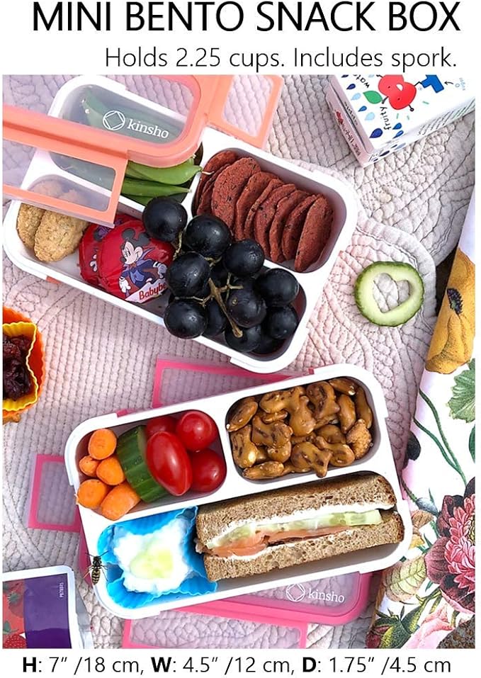 kinsho MINI Lunch-Box Snack Containers for Kids | SMALL Bento-Box Portion Container | Toddler Pre-School | Leak-proof Boxes for Work, Travel | Best for Adults Boys Girls | Pink Purple, Coral 3 pack